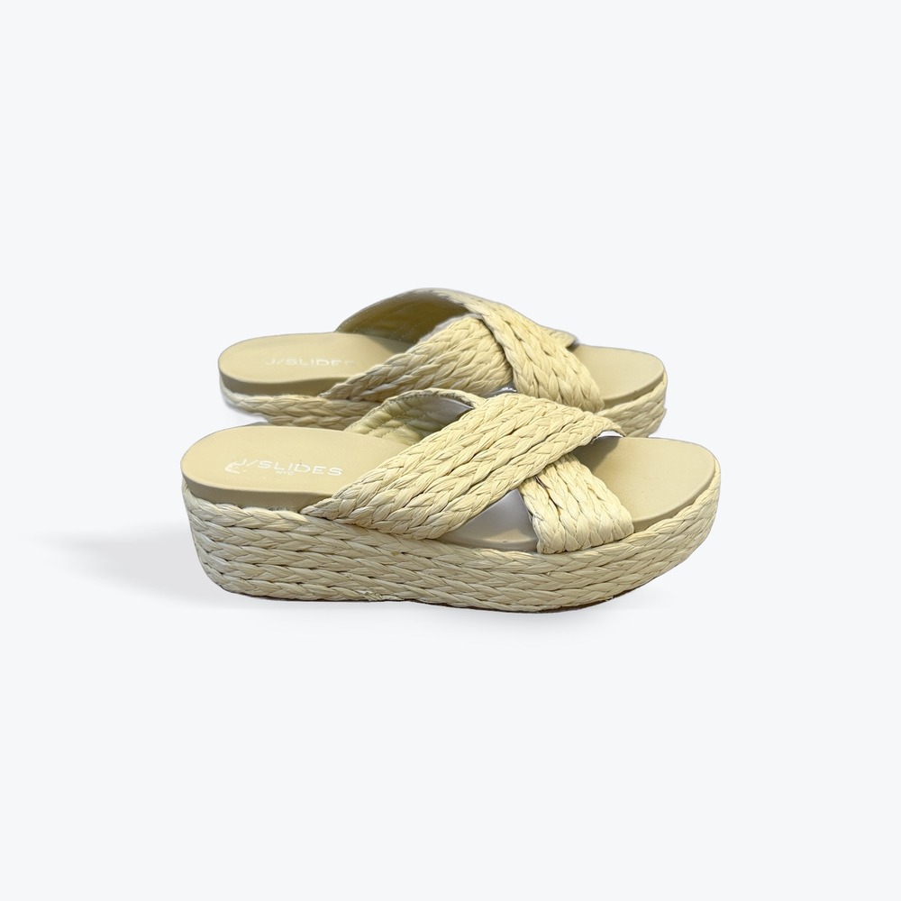 J/Slides NYC Womens 9 Beige Woven Straw Raffia Crisscross Platform Slide Sandals